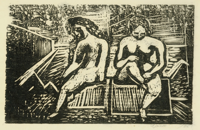 Illustration 19,&nbsp;Two Nudes
Untitled, RBWWdC 2402-25-12, c. 1925
Oil Based Printers Ink/ Woodcut
on Japanese Paper
H:&nbsp;​8 7/8 x W: 13 9/16 inches