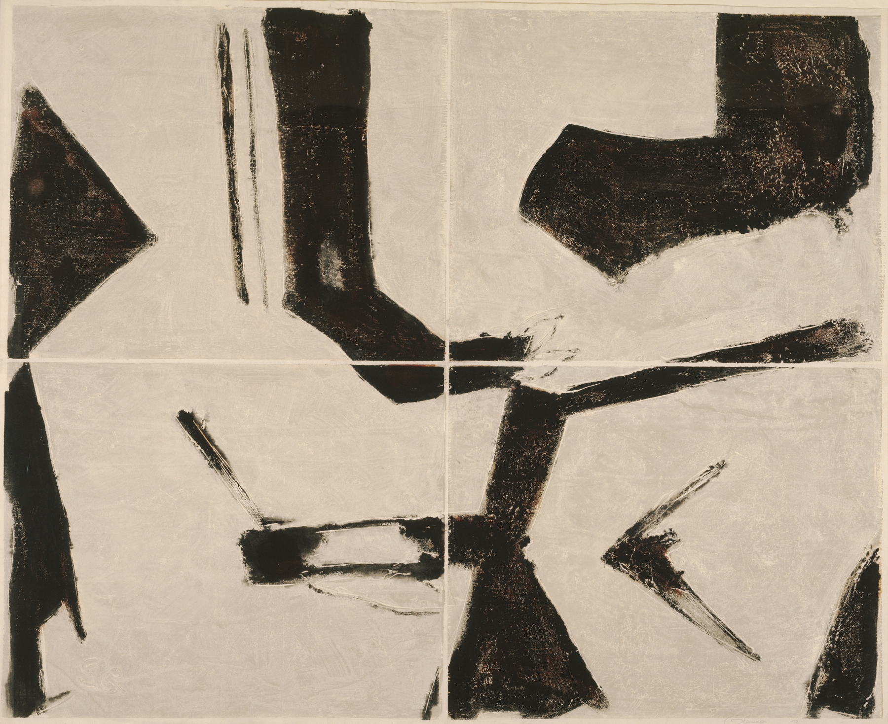 Untitled, PP 4002, 1972
Water Soluble Printer&rsquo;s Ink and Casein
​​​​​​​on Handmade Japanese Paper
H: 38 3/4 x W: 48 1/4 inches

&nbsp;