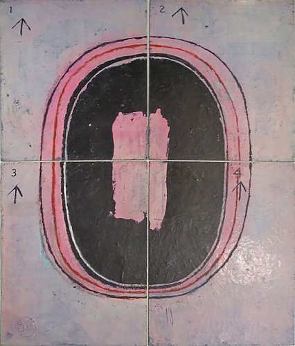 The design matrix for a 4 Panel&nbsp;&ldquo;circle&rdquo; painting.&nbsp;One can also see a hint of a previous image underneath, as Glankoff often used and reused his boards.