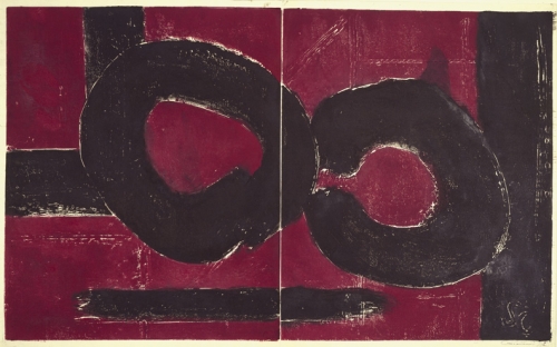 Untitled, PP 2093, c.1972
Water Soluble Printer&rsquo;s Ink and Casein
on Handmade Japanese Paper
H:&nbsp;25 1/8 x W: 40 5/8 inches